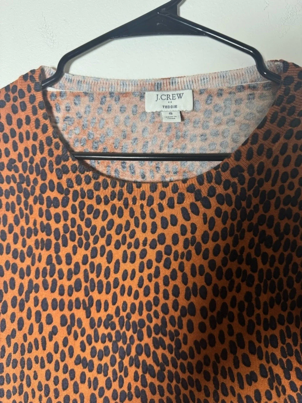 J Crew Teddie Top Small Rust Orange Animal Print Long Sleeve